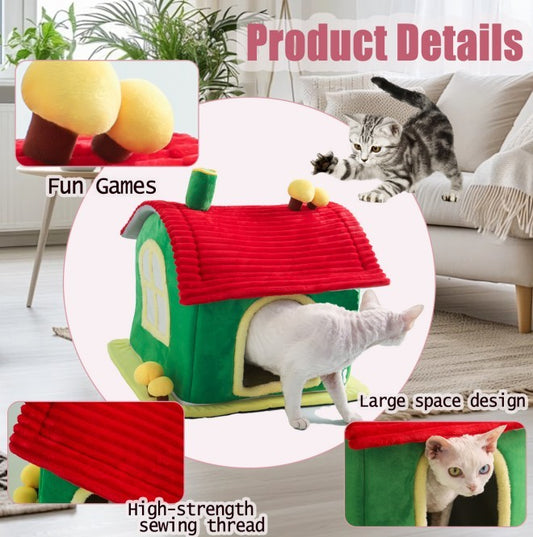 Cat Bed Indoor Enclosed Warm Cave - Cat Bed With Removable Cleaning Mat, Ample Interior Space, Comfortable And Soft Pet House, Red And Green Colors, Cute And Friendly Indoor Cat Bed, Universal Cat Bed