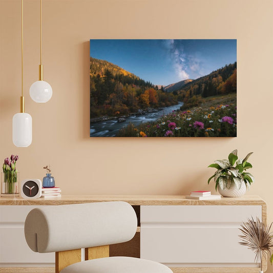 POD Decor Interior Frame Painting Horizontal, Mountain river starry autumn