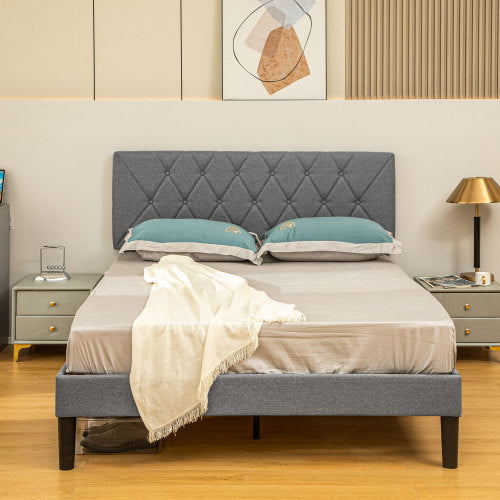 UK Local HOMCOM Double Bed Frame With 5-Level Adjustable Linen Upholstered Headboard, Wooden Slats Mattress Foundation, No Box Spring Needed, Grey