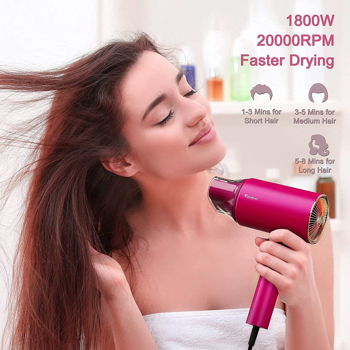 USA Local Water Ionic Hair Dryer, 1800W Blow Dryer With Magnetic Nozzle 2 Speed And 3 Heat Settings Powerful Low Noise Fast Drying Travel Hair Dryer For Home Travel