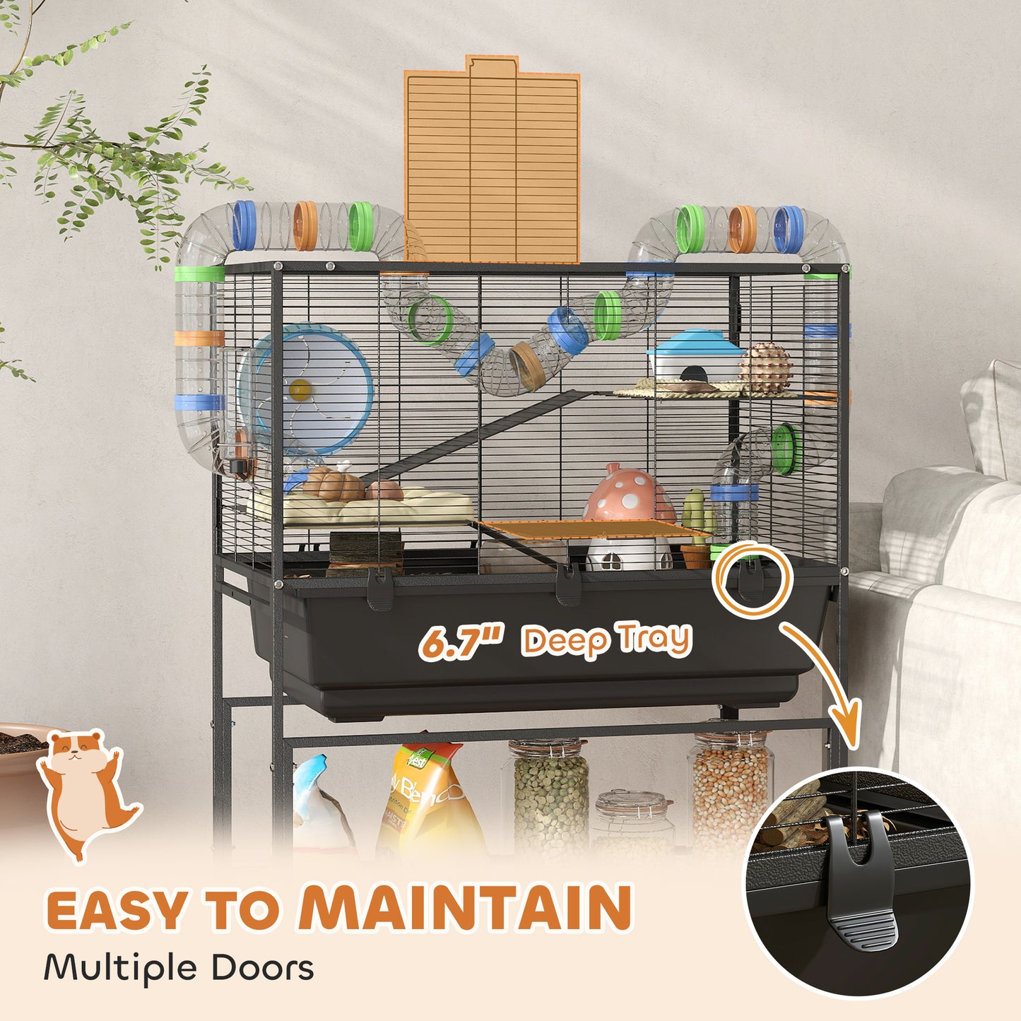 US Local 3 Tier Hamster Cage, Rolling Rat Cage With Deep Tray, Storage Shelf, Big Exercise Wheel, Hut, Tube System