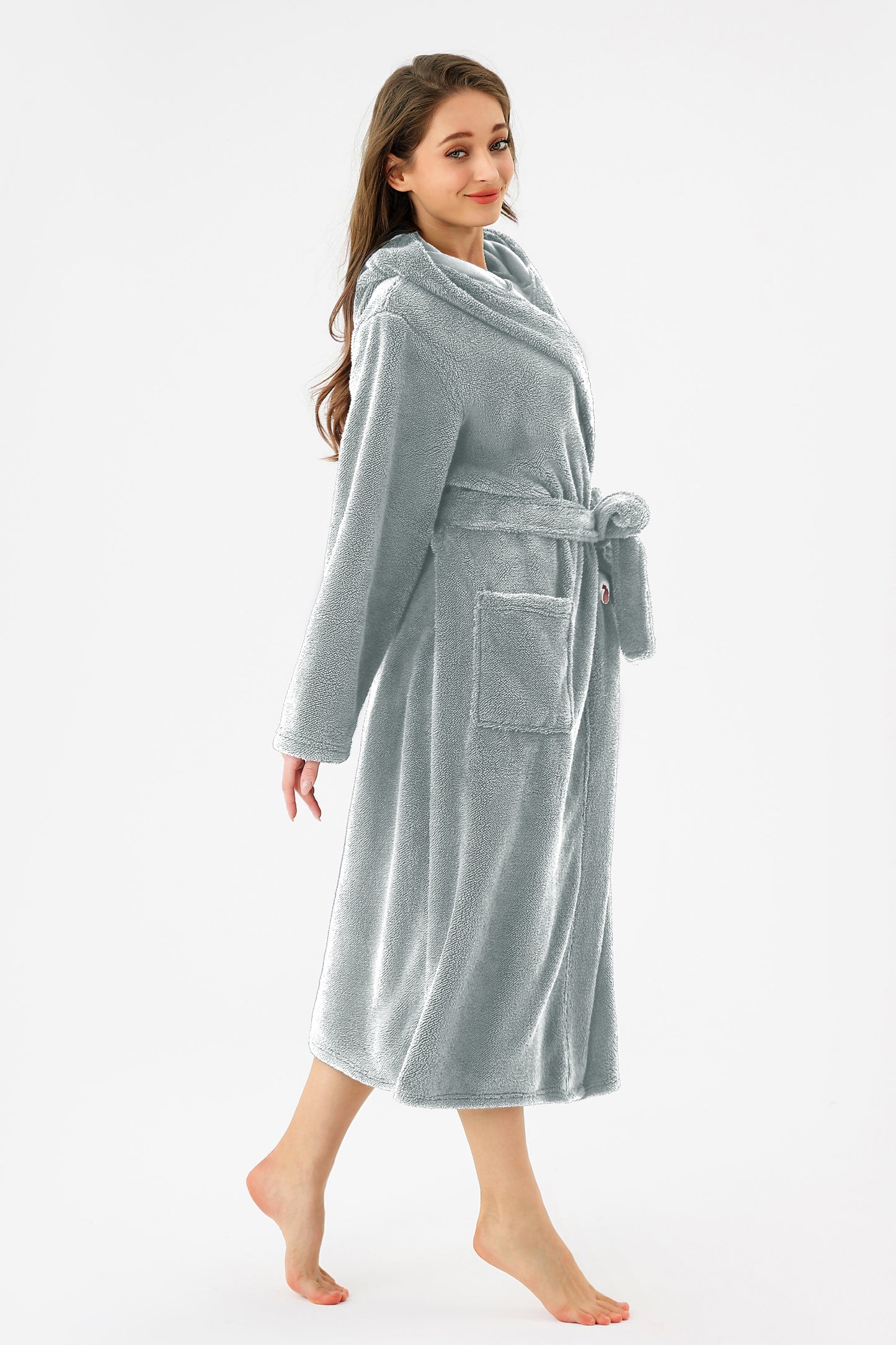 US Local RONGTAI Womens Hooded Robe Long Plush Fleece Bathrobe With Pockets Nightwear S-XXL