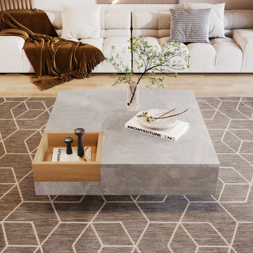 UK Local Coffee Table, Living Room Table, Side Table With Removable Storage Box, Concrete Gray And Wood Color, 72x72x30 Cm