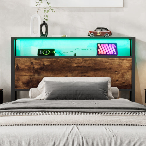 UK Local Metal Bed, 3FT Single Bed 90x190cm, With LED Light Strip And Drawer, 2 USB Port 1 Type C, Durable And Sturdy, Youth Bed, For Adults Teenagers, Multifunctional Bed, Wrought Iron Bed, Black Walnut