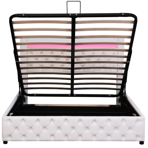 UK Local Upholstered Bed 135 X 190 Cm Functional Bed With Slatted Frame And Storage Space, LED Lighting In Different Colors, White, PU