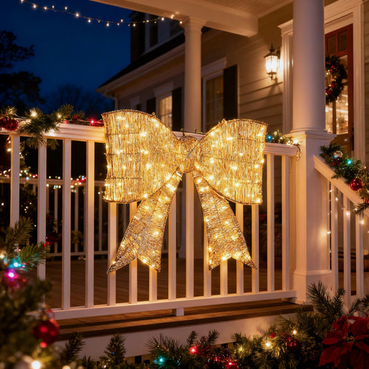 US Local Pre-lit Outdoor Giant Bowknot Christmas Decoration, Lighted Metal Frame With 124 Warm White LED Lights, For Front Door Gate Wall Indoor Outdoor Holiday Party, Golden