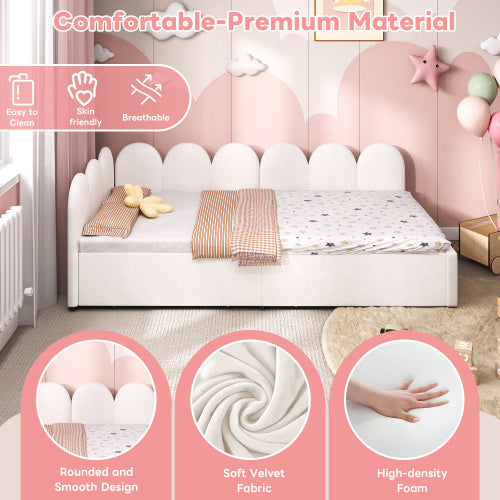 UK Local 3ft Single Daybed With Two Storage Drawers, Modern Youth Bed Frame With Wooden Slats, Velvet Sofa Bed For Living Room Bedroom Study Room, 90X190cm, Easy Assembly, Cream White