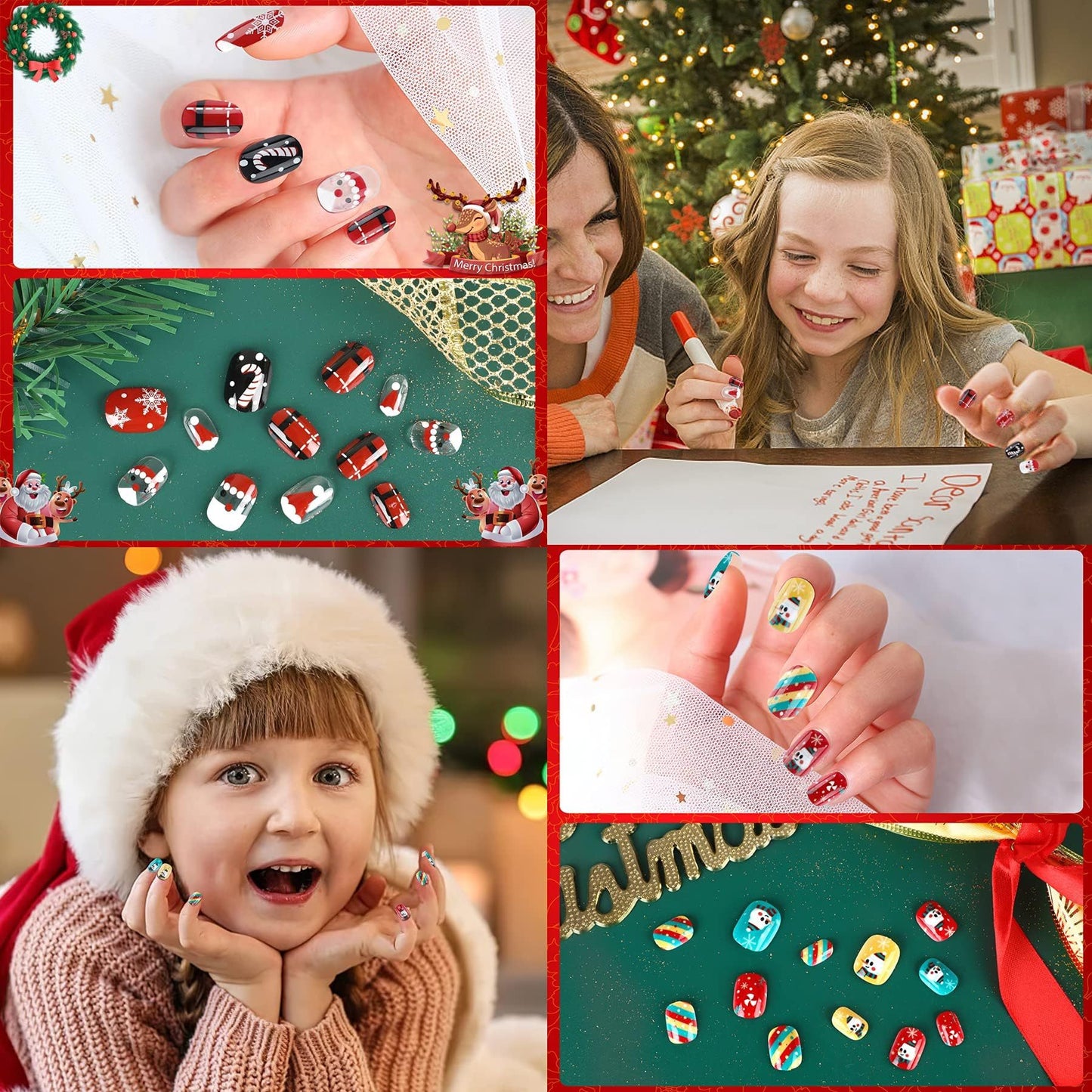 US Local Christmas Stick On Nail, 48 Pcs False Nails Kids Full Cover Xmas Short False Nail Children Nails Lovely Gift For Kids Little Girls Nail Art Decoration
