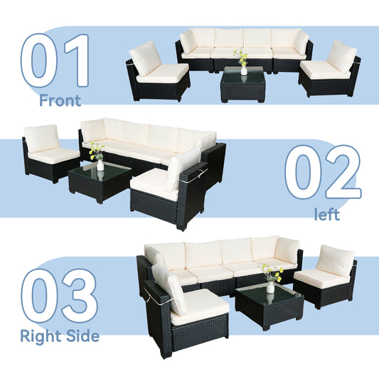 US Local Seven-Piece Sofa Set Table With Sofa Chair Black PE Rattan Outdoor New Design Furniture 7-JH002 Box 3-1-2-3 With White Color Cushion