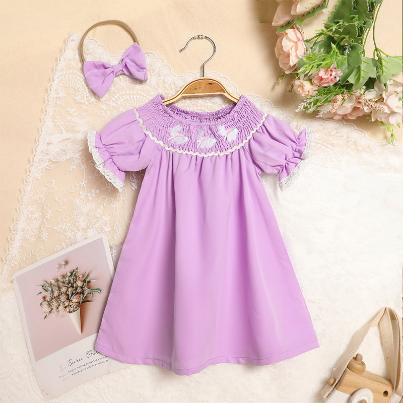 US Local Toddler Girl's Bunny Dress Bow Headband Ruffle Sleeve Smocked Dress With Rabbit Embroidery For Summer