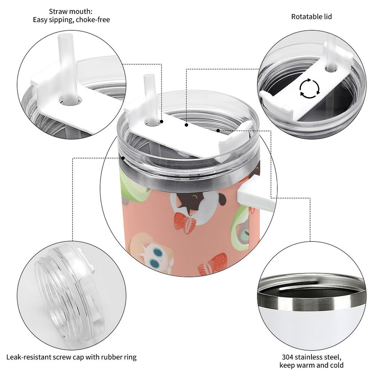 PHDT00261 POD US Local Tumbler 40 oz Large Capacity Car Cup Cat dessert pink green black