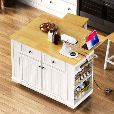 US Local Large Kitchen Island With 2 Bar Stools, Power Outlet, Door Internal Storage Rack, Kitchen Storage Cart On 5 Wheels With Drop Leaf, 5 Open Side Racks, 2 Drawers,for Kitchen,Dining Room