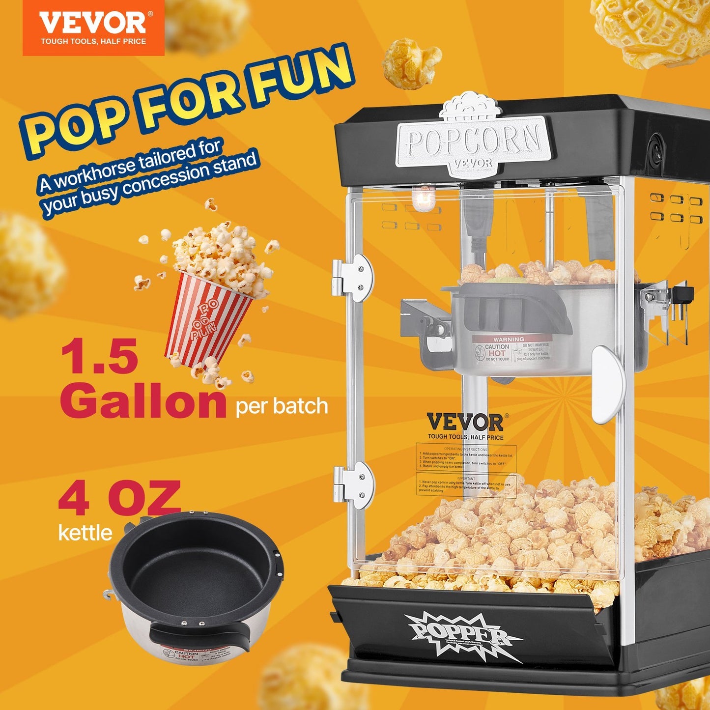 US Local Popcorn Popper Machine Tabletop Popcorn Maker 480W 4 Oz Black