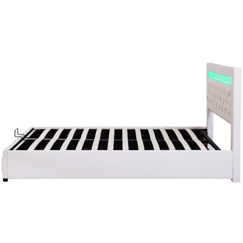 UK Local Upholstered Bed 150 X 200 Cm Functional Bed With Slatted Frame And Storage Space, LED Lighting In Different Colors, White, PU