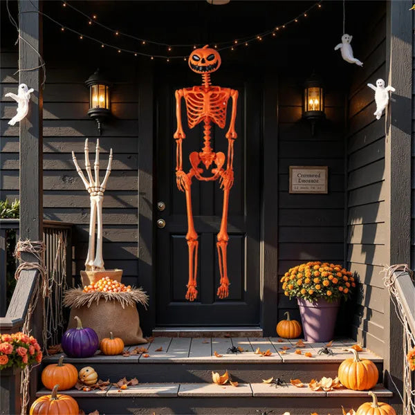 5.5ft Life-Size Halloween Skeleton With Pumpkin Head - Orange Color, Fully Poseable Joints Jaw Shoulders Knees , PP PE Material