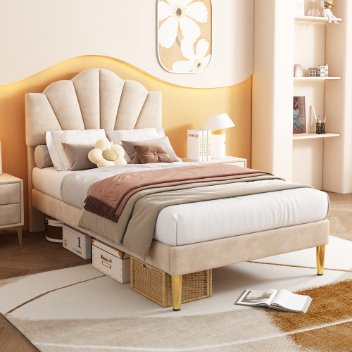 UK Local Velvet Upholstered Bed,Single Bed-3ft 90x190cm, Shell-like Bed With Golden Iron Legs, Wooden Slatted Frame, Upholstered Bench With Storage Space 90x40x42cm