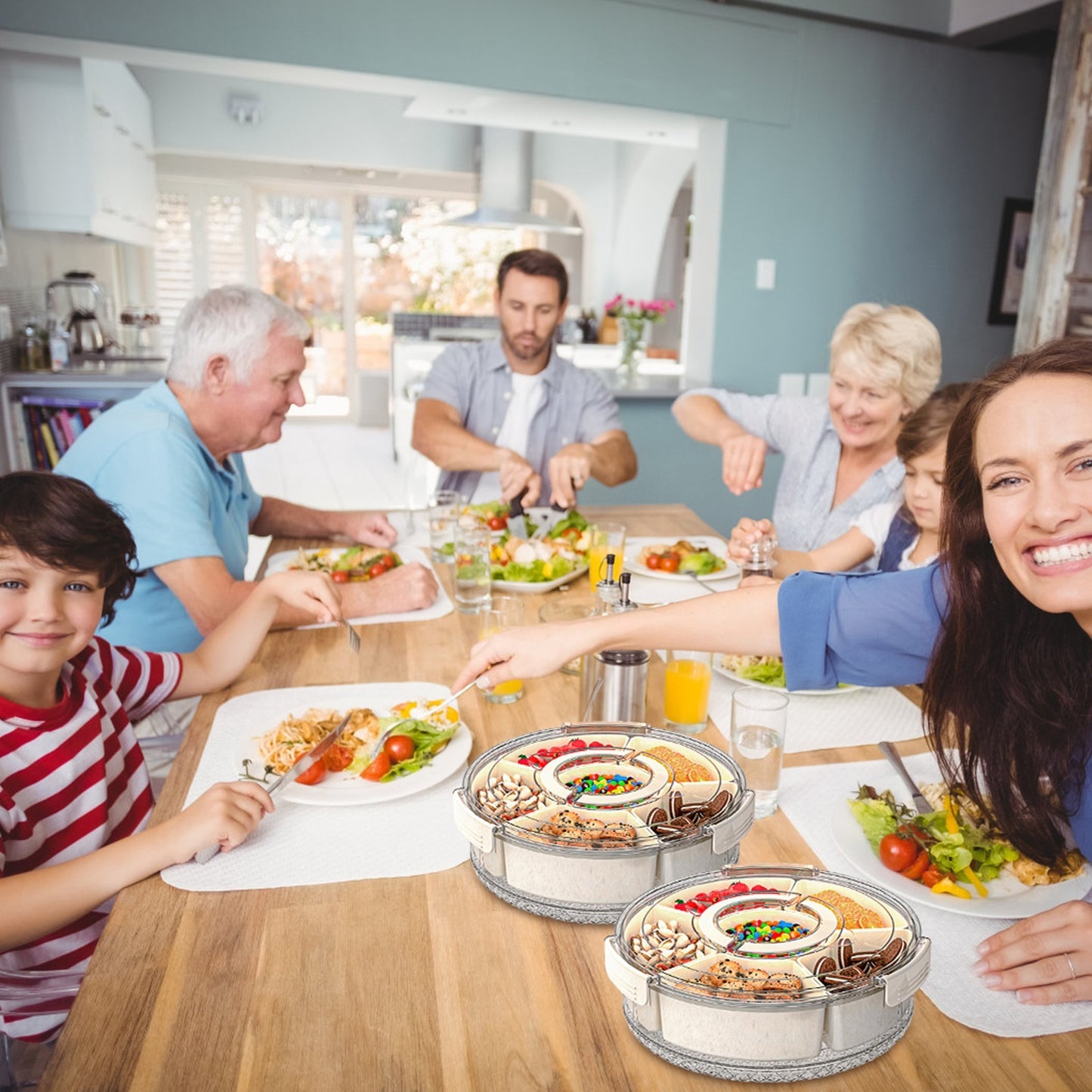 US Local 2Pcs Divided Serving Tray With Lid And Handle 360 Degree Rotatable Snack Box Container With 6 Dividers Clear Portable Snack Platters For Fruit Candy Nut Snack Perfect For Party Picnic S