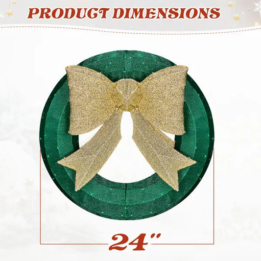 US Local 24in Pre-lit Outdoor Christmas Wreath Decoration, Lighted Metal Wreath With Golden Bow, Green And Warm White LED Lights, For Front Door Gate Wall Indoor Outdoor Holiday Party
