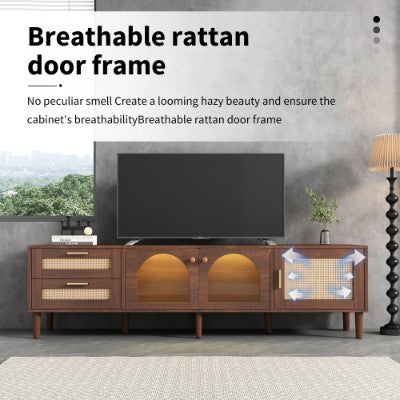 UK Local 180 Cm Brown TV Cabinet For 80-inch TV - With 2 Rattan Drawers, 2 Curved Glass Doors And 1 Rattan Door, LED Lighting, Offers Stylish Storage, TV Board
