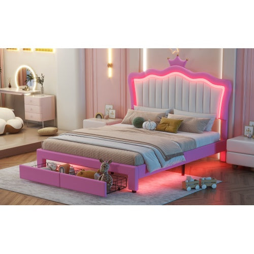 US Local Full Size Upholstered Bed Frame With LED Lights, Modern Upholstered Princess Bed With Crown Headboard, 2 Drawers