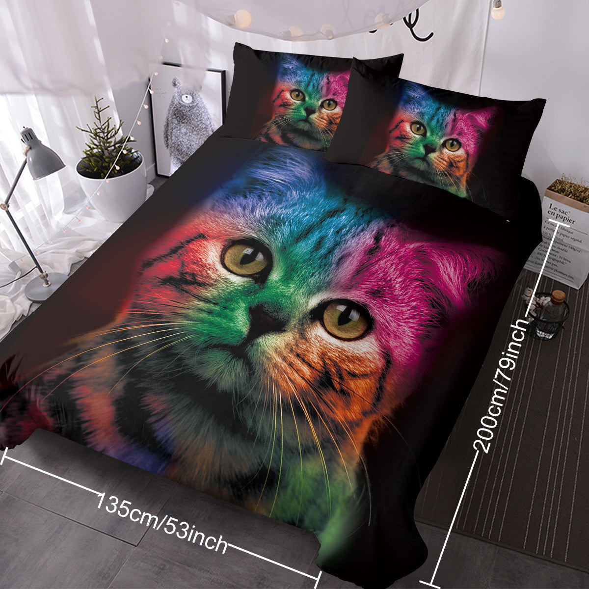 US & UK Local Cat Bedding For Kids Girls Boys Cute Colorful Cat Pattern Quilt Cover Bedspread 3 Piece Bold Color Black Animal Duvet Cover Set For Single Bed
