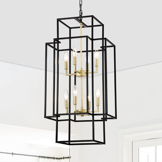 US Local 8-Light Metal Lantern Tiered Pendant Hanging Light Fixtures, Industrial Farmhouse Adjustable Height Chandeliers For Dining Room Hallway Foyer Entryway--Matte Black & Gold E12 Bulbs Not Included