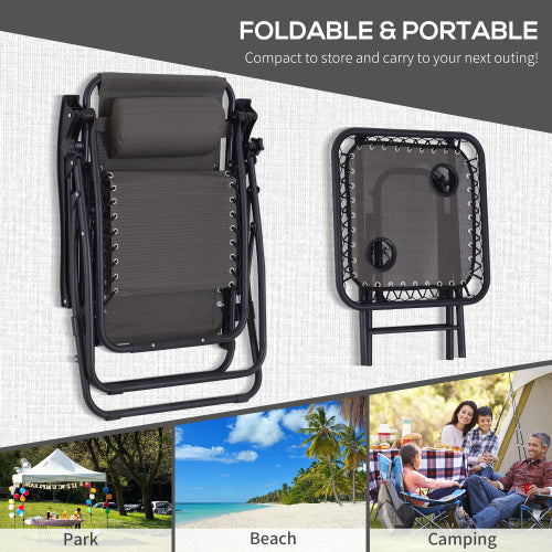 UK Local Outsunny 3pcs Folding Zero Gravity Chairs Sun Lounger Table Set W Cup Holders Reclining Garden Yard Pool, Dark Grey