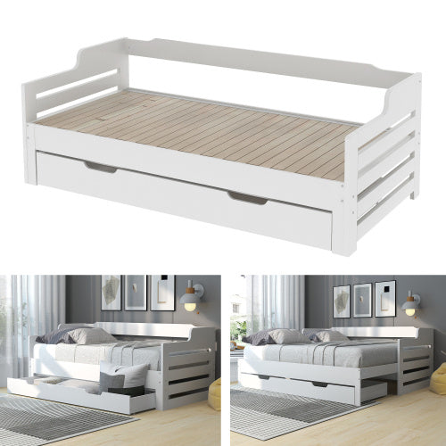 UK Local Daybed, Trundle And Drawer, Cabin Bed, SIngle Guest Bed Sofa Bed, Pull Out Trundle And Storage Drawer For Living Room And Bedroom - 3 90 X190 Cm - White