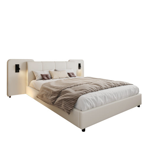 UK Local Upholstered Bed, With Charging Port And Lighting, 4ft6 Double Bed 135x190cm, Soft Sponge Headboard Backrest, Anti-collision Sponge Filling, PU Plywood,