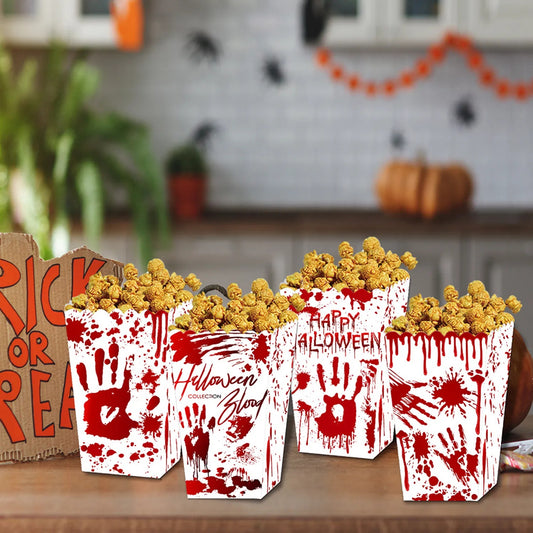 US Local 12Pcs Halloween Popcorn Box 3 Style Trick Or Treating Snack Treat Box Bloodstain Ghost Castle Bat Pattern Candy Cookie Container For Halloween Party Supplies