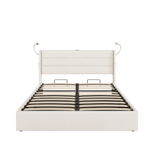 UK Local Double Upholstered Bed With Charging Station, Linen Hydraulic Storage Bed With Adjustable LED Reading Light, 4ft6 Double Bed Frame With USB And Type - C Ports, No Box Spring Needed, Beige