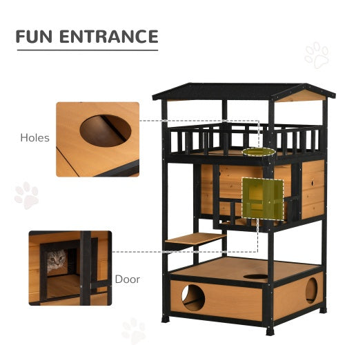 US Local Wooden Outdoor Cat House, Wild Cat Shelter Kitten Tree