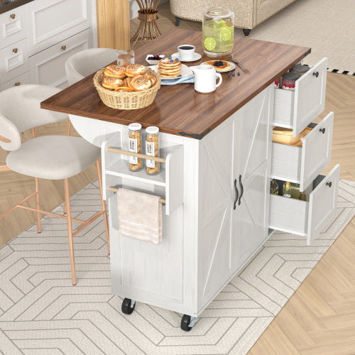 UK Local Kitchen Island, Serving Cart With Extendable Worktop, Kitchen Cabinet, Kitchen Trolley, Dining Cart With Wood Grain, Dining Cart With Two Doors And Three Drawers