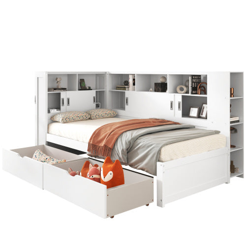 UK Local Platform Bed With Trundle Bookcase USB,Single Bed-3ft 90x190cm,Household Bed, Multifunctional Bed,with 2 Storage Drawers, Dust-proof Cabinet And Shelves, Large Storage Space,white
