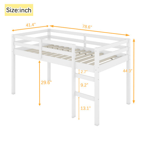 US Local Solid Wooden, Rubber Wooden Twin Loft Bed With Ladder, Bed Platform Of Strengthened Slats , White