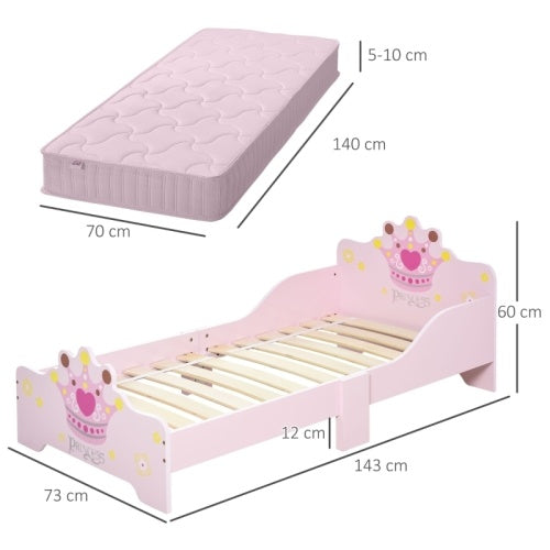 UK Local HOMCOM Kids Toddler Bed Princess Crown Theme Safety Side Rails Slats Home Bedroom Furniture Boys Girls 3-6 Yrs 143 X 73 X 60 Cm
