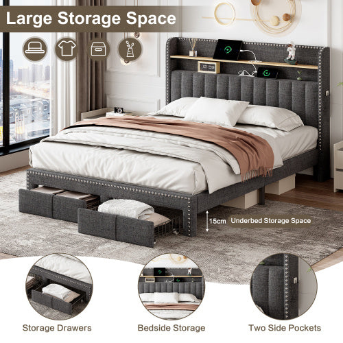 UK Local 4ft6 Double Upholstered Bed With 2 Storage Drawers, Riveted Storage Bed With Charging And Lighting, Linen Platform Bed Frame No Box Spring Needed, Easy Assembly, Grey No Mattress