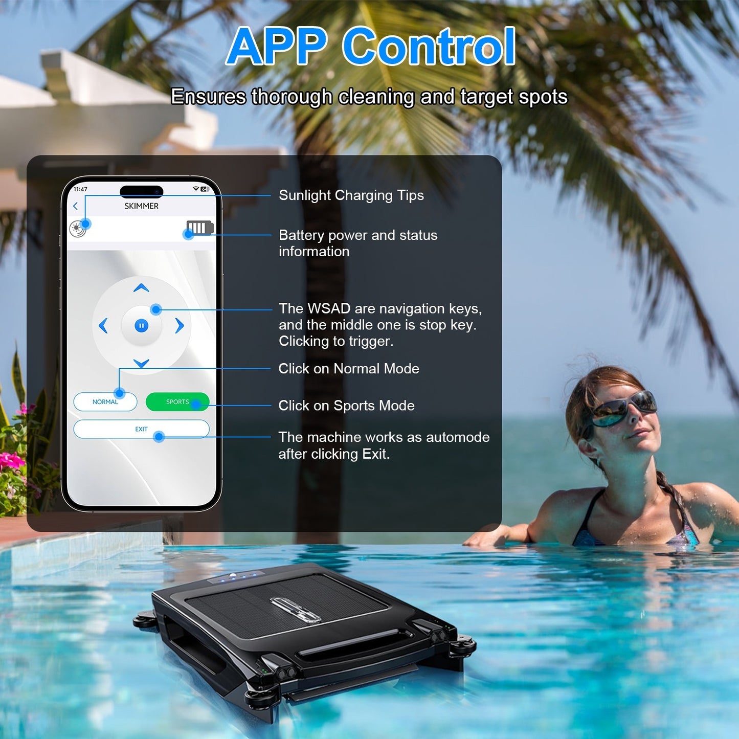 US Local 1 Pc Solar Powered Robotic Pool Skimmer Automatic Swimming Pool Surface Cleaner With 2 Cleaning Modes Dual Charging Methods IPX7 Waterproof 1937sq.ft Coverage APP Control
