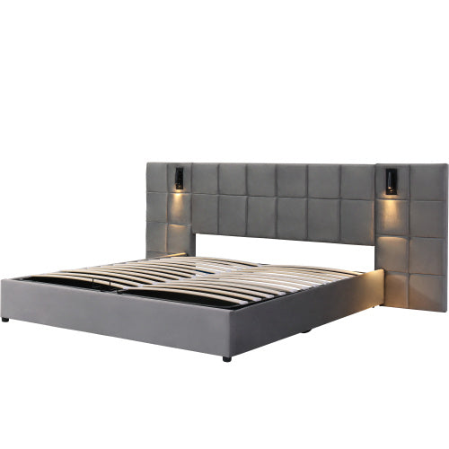 UK Local Upholstered Bed, Double Bed-4ft6 135x190cm, Hydraulic Storage Bed With Directional Lamp And USB Charging, Wide Headboard, Checkerboard Pattern, Without Bedside Tables And Mattress, Velvet, Grey