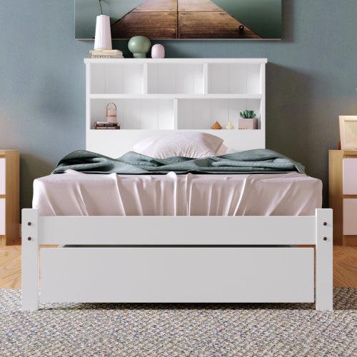 UK Local Bed With Shelves, White Wooden Storage Bed, Underbed Drawer - 3FT Single 90 X 190 Cm Frame Only