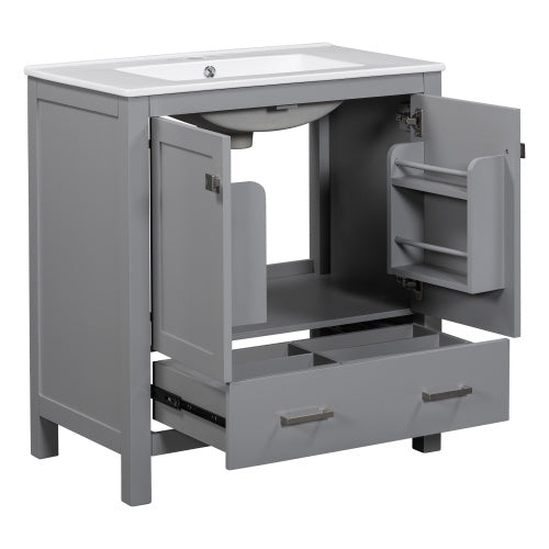 US Local 30 Gray Bathroom Vanity With Single Sink, Combo Cabinet Undermount Sink, Bathroom Storage Cabinet With 2 Doors And A Drawer, Soft Closing, Multifunctional Storage, Solid Wood Frame