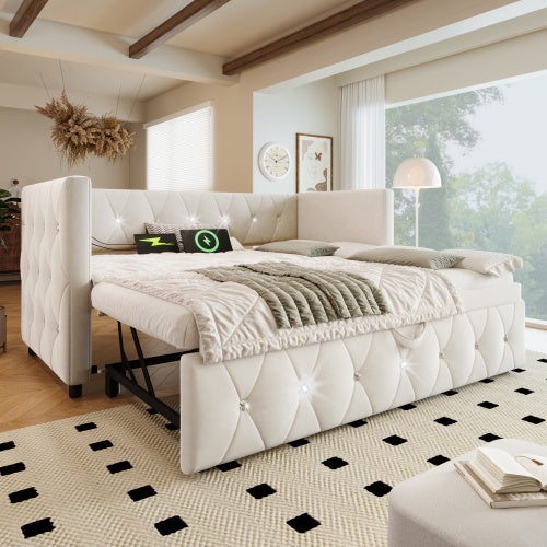 UK Local Daybed Single Upholstered Bed Sofa Bed With USB &Type C Charging Station, 3FT Single Bed 90 X 190 Cm With Trundle ,Pull Out Trundle For Living Room And Bedroom, Velvet