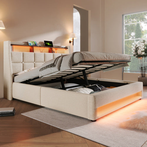 UK Local Upholstered Double Bed 135 X 190 Cm With LED Lighting, USB Type-C Charging Function, Storage Headboard, 4FT6 Double Bed Storage Bed Frame With Metal Slatted Frame, Linen, Beige No Mattress