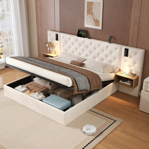 UK Local King Upholstered Bed With Charging Station, Velvet Hydraulic Storage Bed With Reading Light, 5ft King Bed Frame With Handmade Button Tufted Wide Headboard And Bedside Storage, Beige