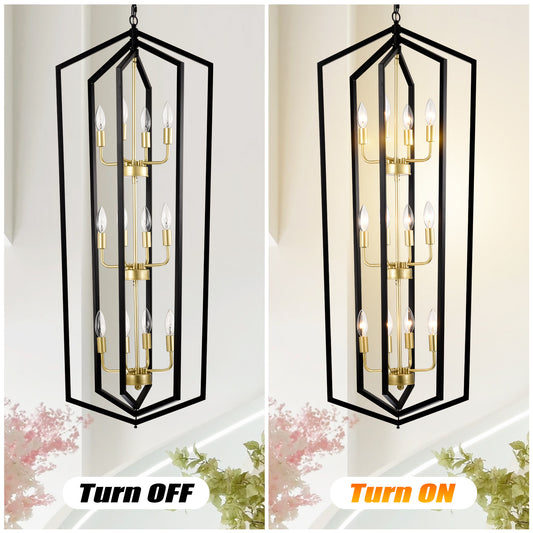 US Local 12-Light Lantern Tired Farmhouse Ceiling Hanging Light Black Chandelier Metal Modern Pendant Light Fixtures For Kitchen Island Dining Room Living Room Foyer Entryway E12 Bulbs Not Included