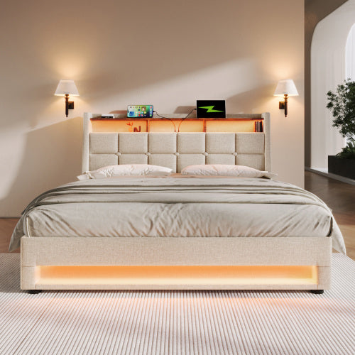 UK Local Upholstered Double Bed 135 X 190 Cm With LED Lighting, USB Type-C Charging Function, Storage Headboard, 4FT6 Double Bed Storage Bed Frame With Metal Slatted Frame, Linen, Beige No Mattress