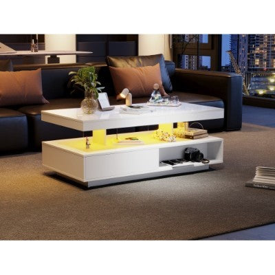 UK Local Led Coffee Table With 2 Drawer Storage, High Gloss Coffee Table For Living Room Open Storage Space Centre Table With 16-Color Led Lights,End Table For Home Office Furniture, White
