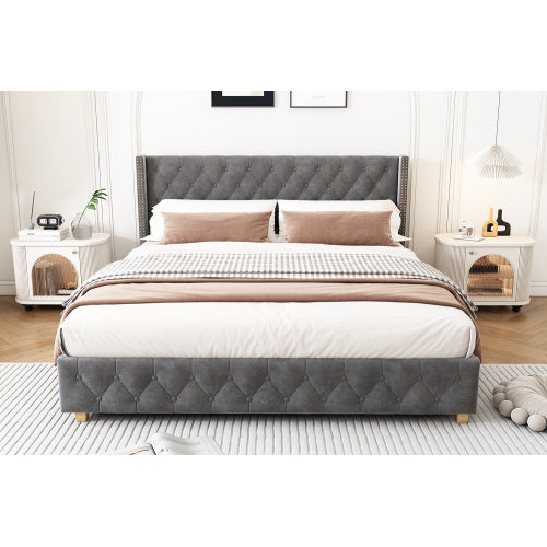 UK Local Upholstered Bed,Double Bed-4ft6 135x190cm,With Slatted Frame And Headboard, Button Upholstery, Rivet Upholstery, Wooden Legs, Velvet, Grey