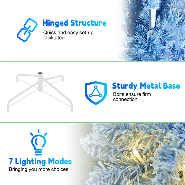 6FT Blue Gradient Flocked Pencil Christmas Tree With 200 Warm White LED Lights, 485 Tips, Hinged Branches, Slim Design, Metal Stand Narrow Prelit Tree For Holiday Home Decor