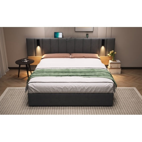 UK Local King Upholstered Bed With Charging Station, Velvet Hydraulic Storage Bed With Reading Light, 5ft King Bed Frame With Channel Tufted Headboard And Adjustable Bedside Shelf, Grey No Mattress
